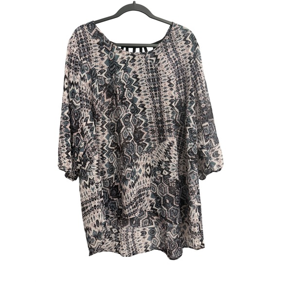 Maurices Tops - Maurices Women 2 Plus Geometric Cage Back High Low Sheer Tunic Blouse Blue Black